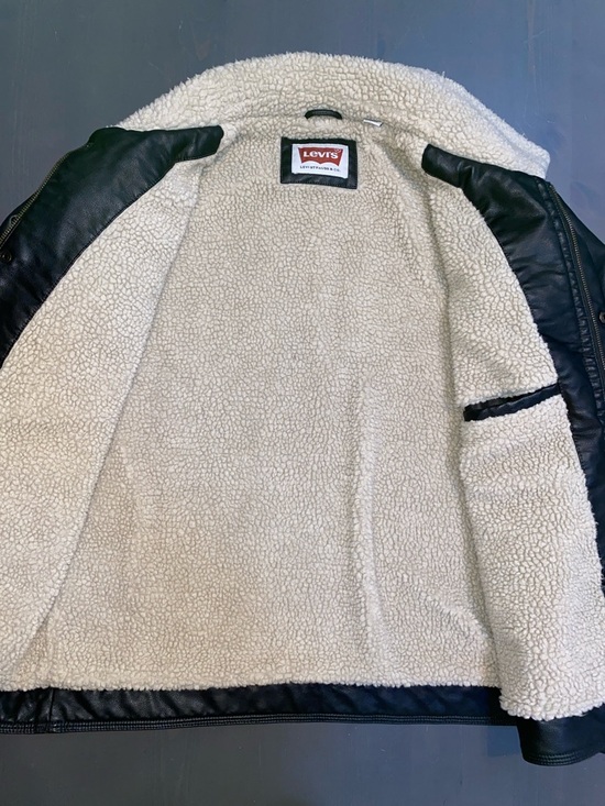 Levi's Dark Brown Faux Leather Bomber Jacket with Cream Sherpa Collar - Picture 5 of 10